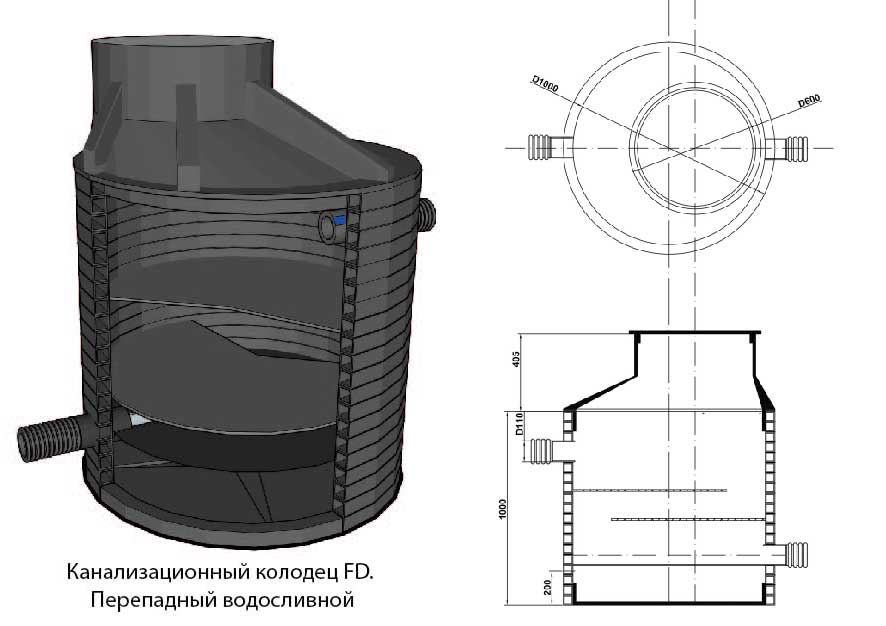 Канализационный перепадный колодец водосливного типа Fd plast